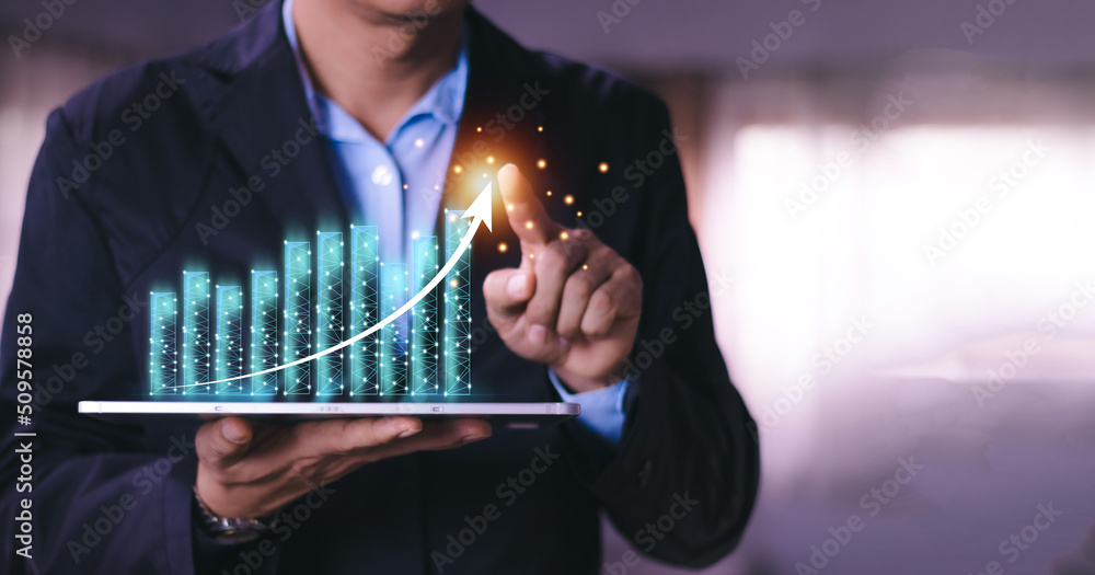Stock Market Investments Funds and Digital Assets. businessman analyzing forex trading graph financial data from tablet. business finance technology and investment concept, technology Business finance
