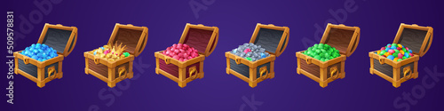 Treasure chests with gold and silver coins, different gems and crown. Vector cartoon illustration of open ancient wooden boxes with heap of golden money, ruby, emerald and diamond crystals