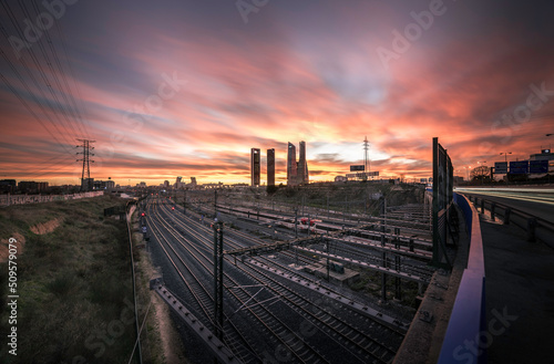 Madrid Sky Line sunset, railway access to Chamartin station, Madrid, Spain photo