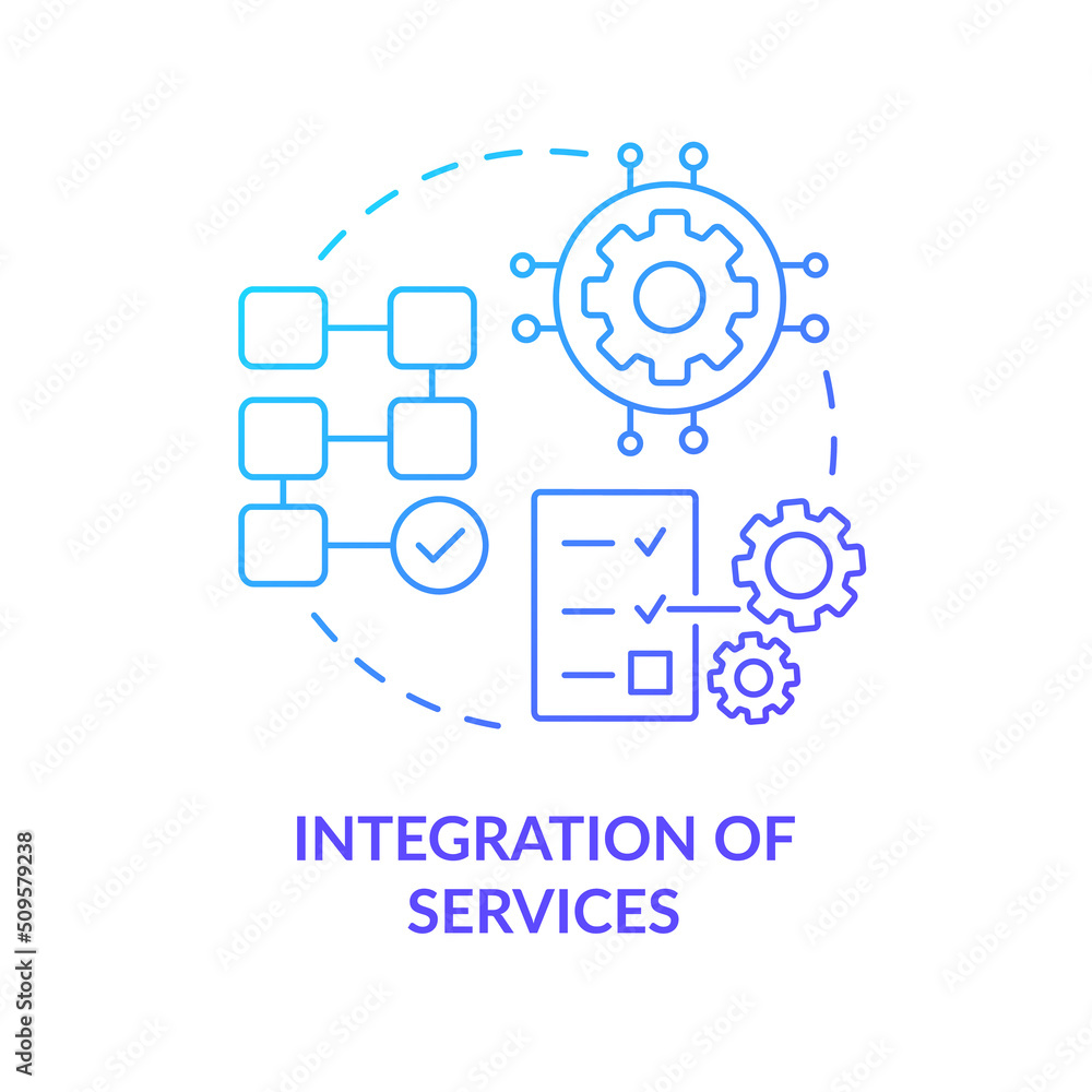 Integration of services blue gradient concept icon. Complex system. Maas concept component abstract idea thin line illustration. Isolated outline drawing. Myriad Pro-Bold font used Integration of services blue gradient concept icon. Complex system. Maas concept component abstract idea thin line illustration. Isolated outline drawing. Myriad Pro-Bold font used