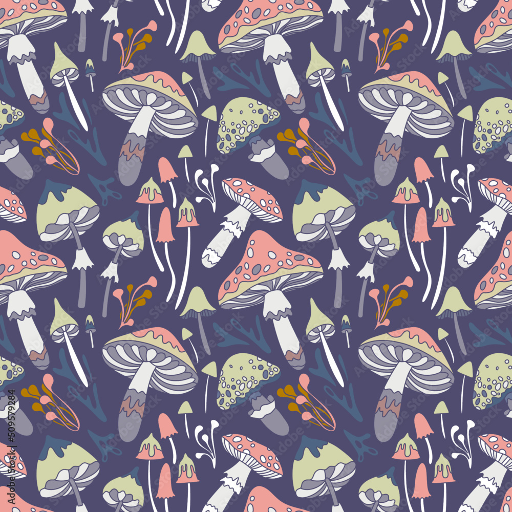 Obraz premium Seamless pattern with mushrooms in retro hippie style, 60s, 70s. Background with fly agaric, grebes. Vector texture for printing fabrics, textiles, wallpapers. 