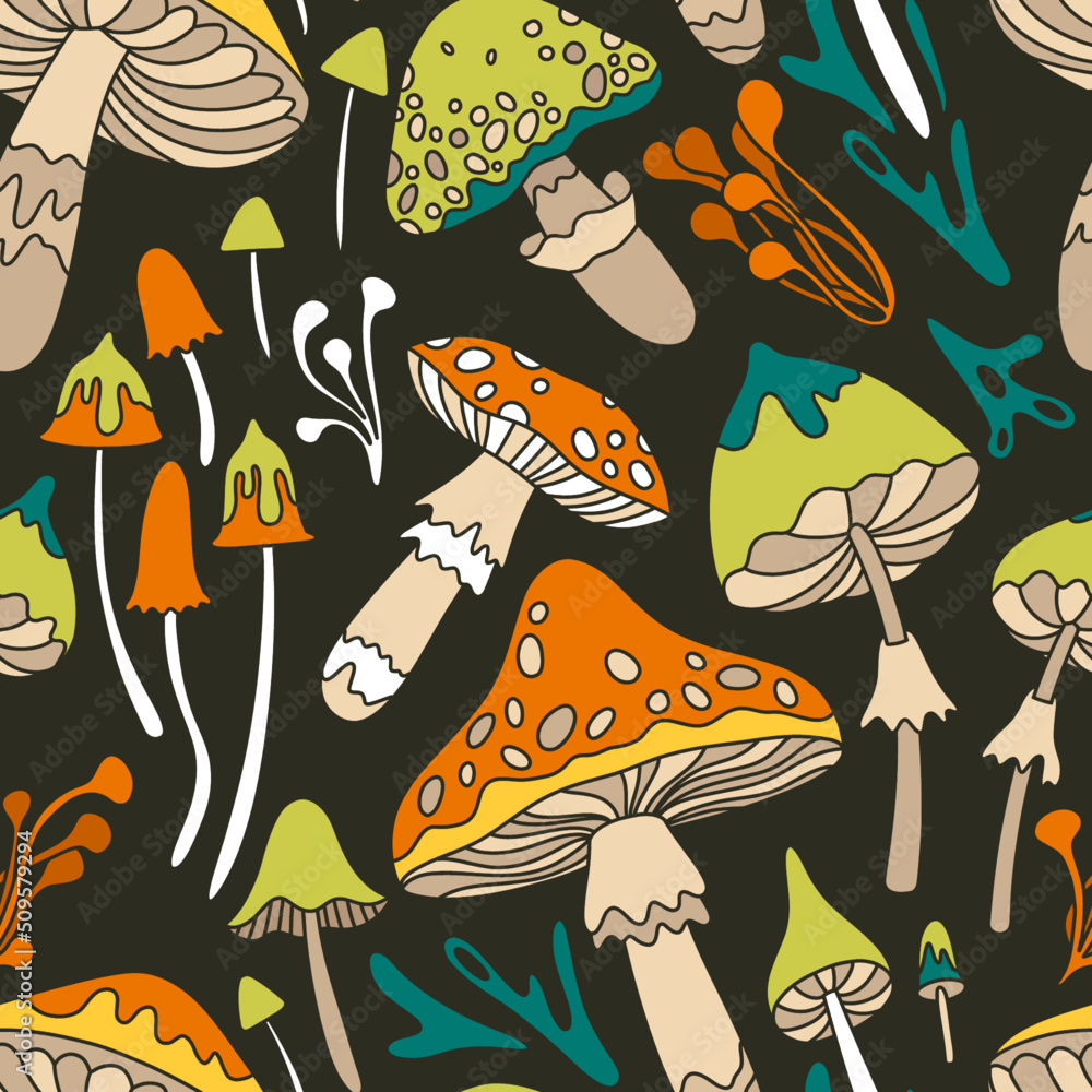 Seamless vector pattern with mushrooms in retro style, 60s, 70s, flower child, hippie style. Toadstools, fly agaric, amanita background for textiles, fabrics, prints. Seamless vector pattern with mushrooms in retro style, 60s, 70s, flower child, hippie style. Toadstools, fly agaric, amanita background for textiles, fabrics, prints.