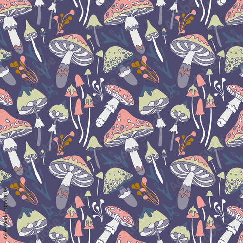 Seamless pattern with mushrooms in retro hippie style, 60s, 70s. Background with fly agaric, grebes. Vector texture for printing fabrics, textiles, wallpapers. 