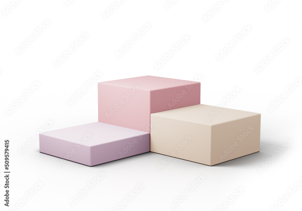 3D rendering. Collection of colored cubes with shadow isolated on white background. Pink, purple, beige blocks, podium. 3D rendering. Collection of colored cubes with shadow isolated on white background. Pink, purple, beige blocks, podium.