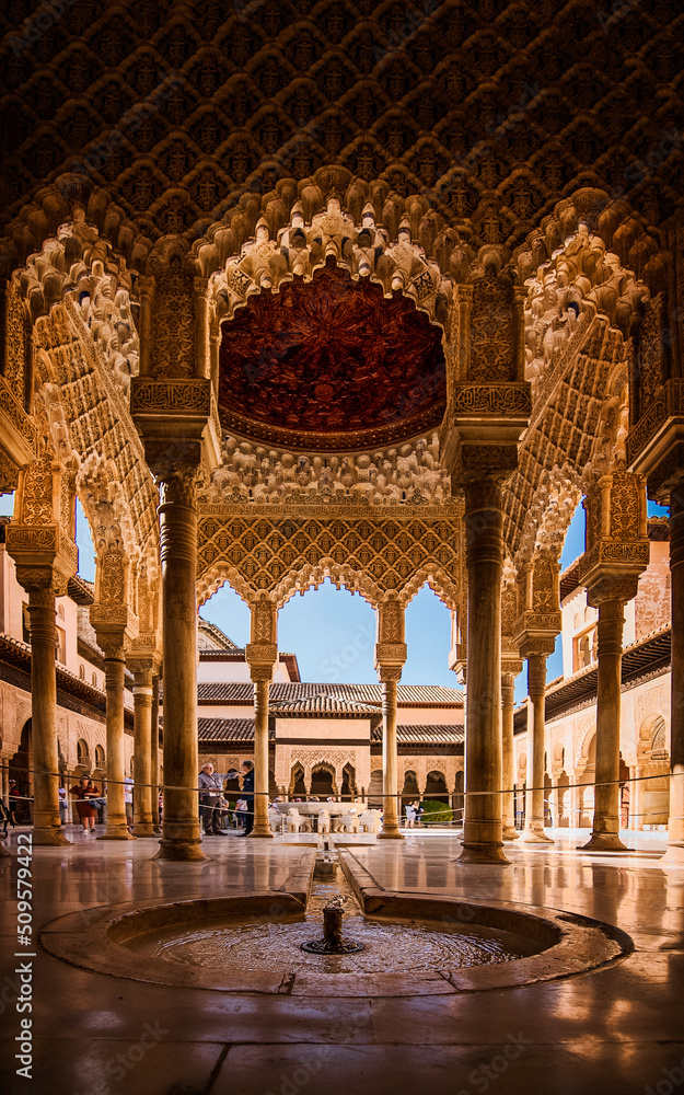 The Patio de los Leones, is the main courtyard of the Palace of the Lions, in the heart of the Alhambra