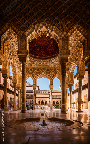 The Patio de los Leones, is the main courtyard of the Palace of the Lions, in the heart of the Alhambra