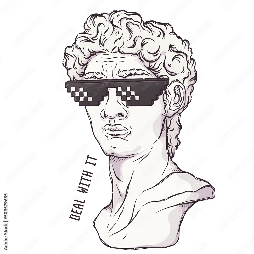 Greek statue. Plaster head with meme pixel glasses. Deal with it