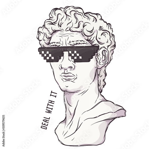 Greek statue. Plaster head with meme pixel glasses. Deal with it - lettering quote. Marble David bust for posters, postcards, t-shirt prints. Vector hand drawn style illustration.