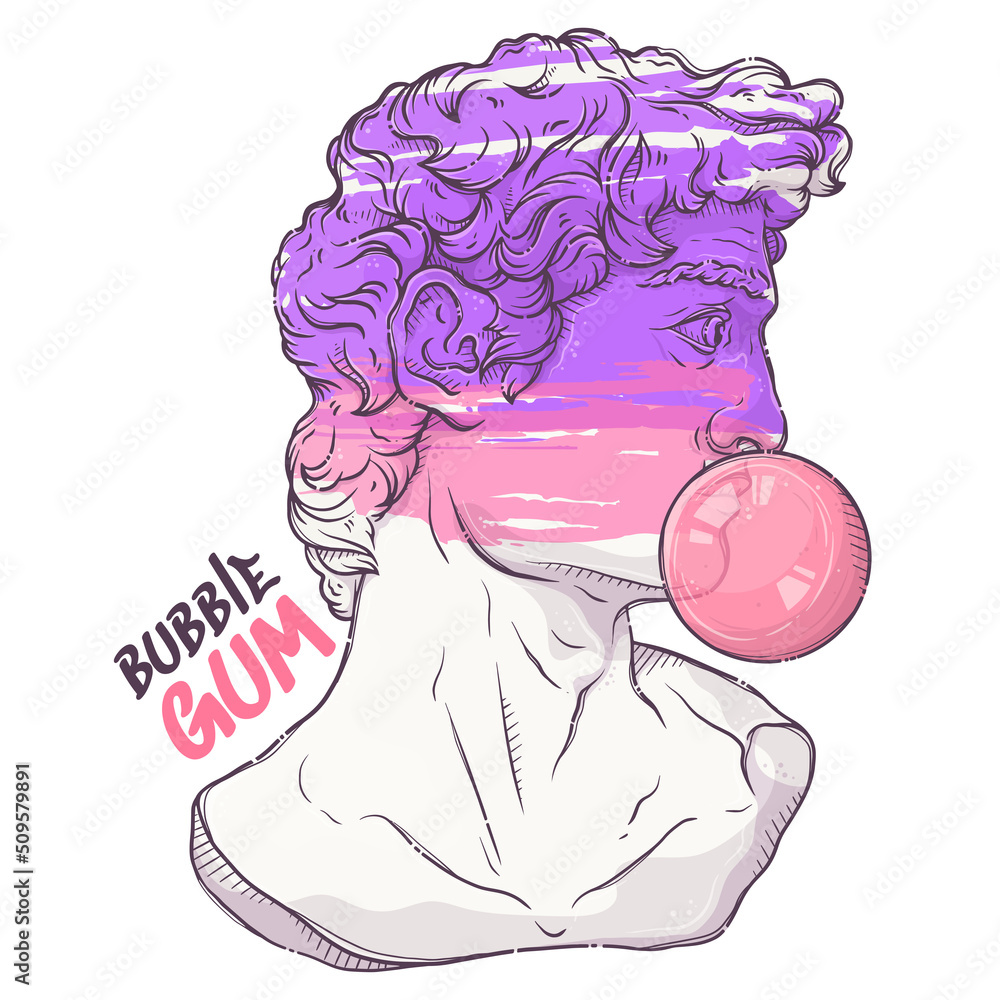 Greek statue. Plaster head with pink bubble gum. Bubble gum lettering