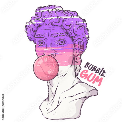 Greek statue. Plaster head with pink bubble gum. Bubble gum - lettering quote. Marble David bust for posters, postcards, t-shirt prints. Vector hand drawn style illustration.
