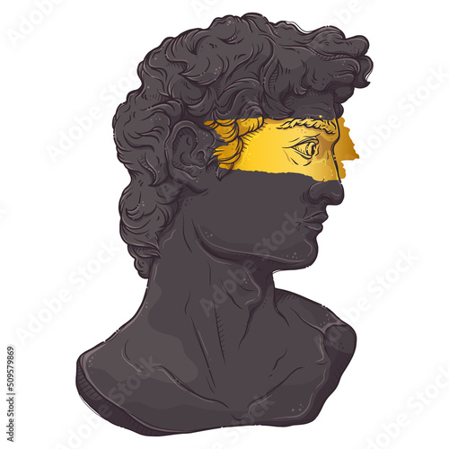 Greek statue. Black plaster head with gold paint. Marble David bust for posters, postcards, t-shirt prints. Vector hand drawn style illustration.