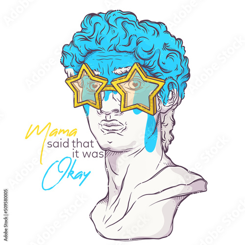 Greek statue. Plaster head with star glasses and blue paint. Mama said that it was okay - lettering quote. Marble David bust for posters, postcards, t-shirt prints. Vector hand drawn style.