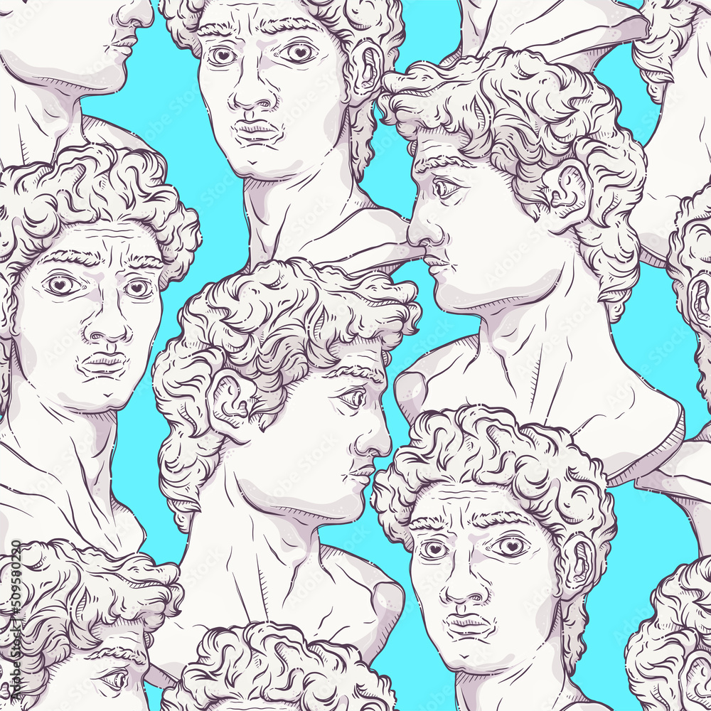 Greek statues. Plaster heads in profile and in full face. Seamless pattern for backgrounds, wallpapers, textile composition. Marble Saint David's Head bust. Vector hand drawn style illustration. Greek statues. Plaster heads in profile and in full face. Seamless pattern for backgrounds, wallpapers, textile composition. Marble Saint David's Head bust. Vector hand drawn style illustration.