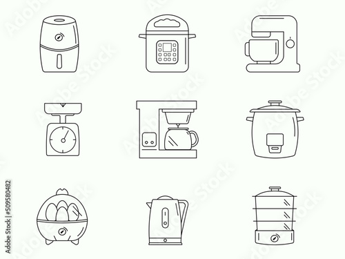 Illustration of kitchen appliances. Black and white line vector of different appliances - Egg cooker, coffee maker, pressure cooker, weighing scale, pot, steamer, stand mixer