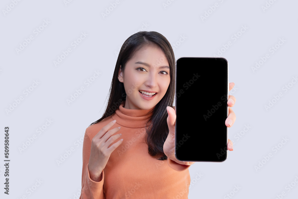 Asian Woman Show Big Mobile Phone Screen Asian Woman Show Big Mobile Phone Screen