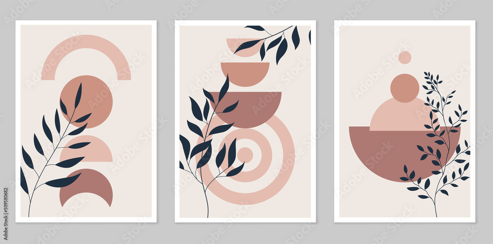 Collection of posters. Minimalism style. With a modern boho style design. Cubism. Composition of simple figures. Design for drawing, logo, posters, invitations, greeting cards. Abstraction.