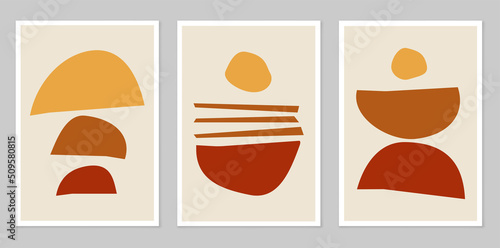 A set of abstract posters depicting simple figures. Modern minimalist background in modern boho style. Mid-century wall decor, vector art print. Composition of simple figures.
