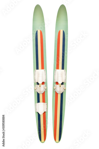 Foto Two vintage weathered water skis isolated on a white background