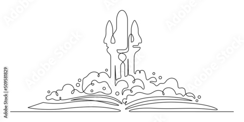 One line drawing of rocket spaceship and book graduation for dream,imagination,creativity conceptual. Continuous line art vector illustration