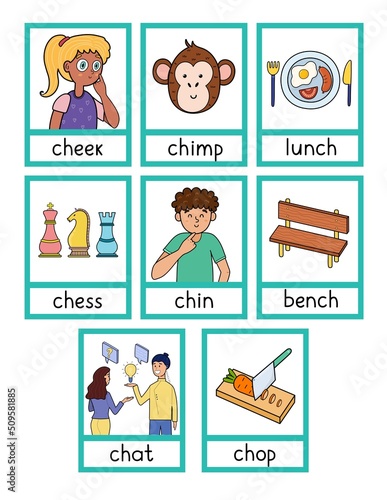 Phonics flashcards with -ch- spelling rule. Flash cards with phonics sound words and pictures activity for kids. Vector illustration