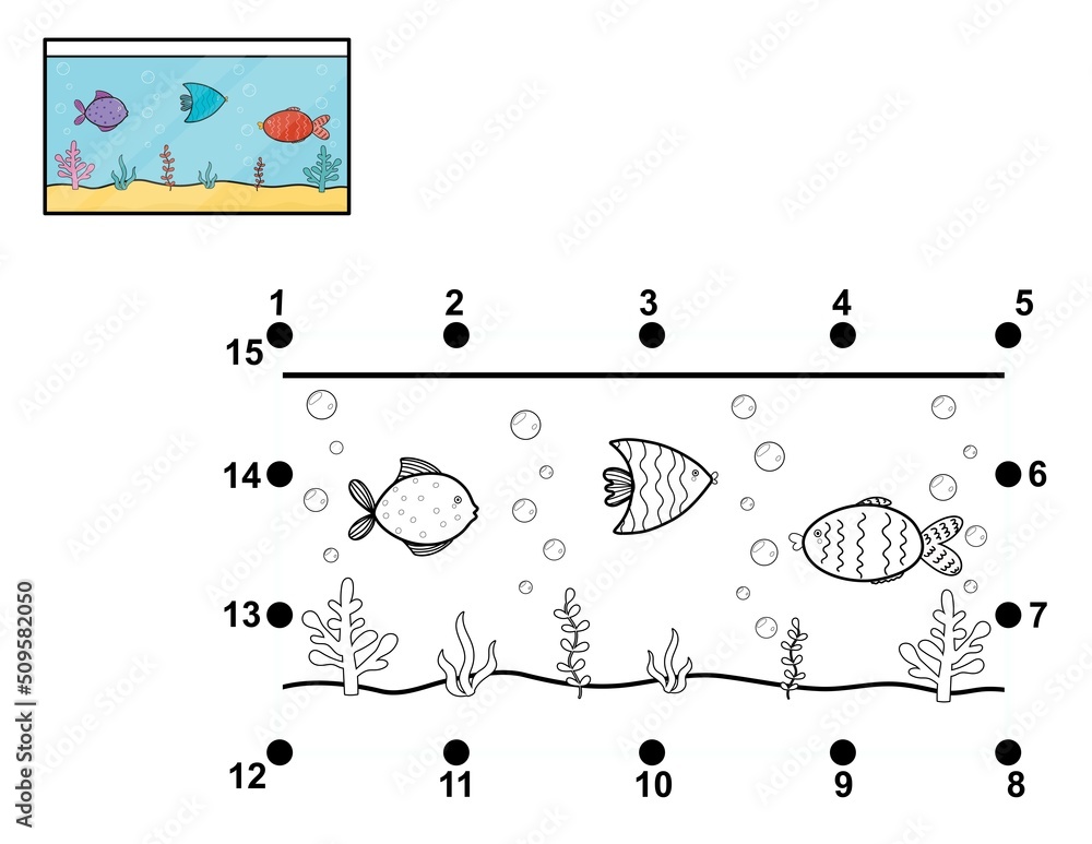 Obraz premium Connect the dots and draw an aquarium activity. Dot to dot game for kids. Learning rectangle shape worksheet. Vector illustration