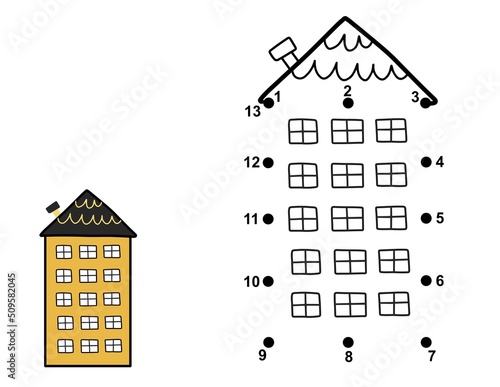 Dot to dot game for kids. Connect the dots and draw a house worksheet. Learning rectangle shape activity page. Vector illustration