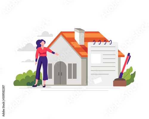 Buy or rent real estate illustration. People buying property with mortgage, Reading contract and legal document. Property market, Real estate agent concept, Vector illustration in a flat style