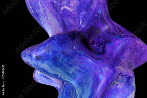 Navy blue and purple liquid drop object. Dynamic sapphire sphere texture with marble effect on black background