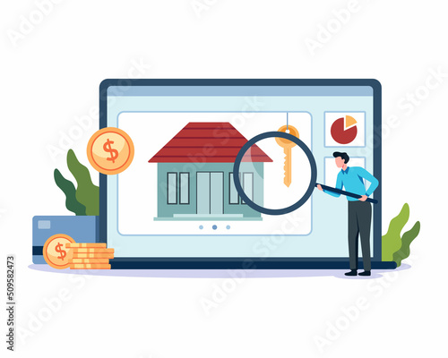 Real estate search illustration concept. People looking home on market, Buy or rent house online. Vector illustration in a flat style