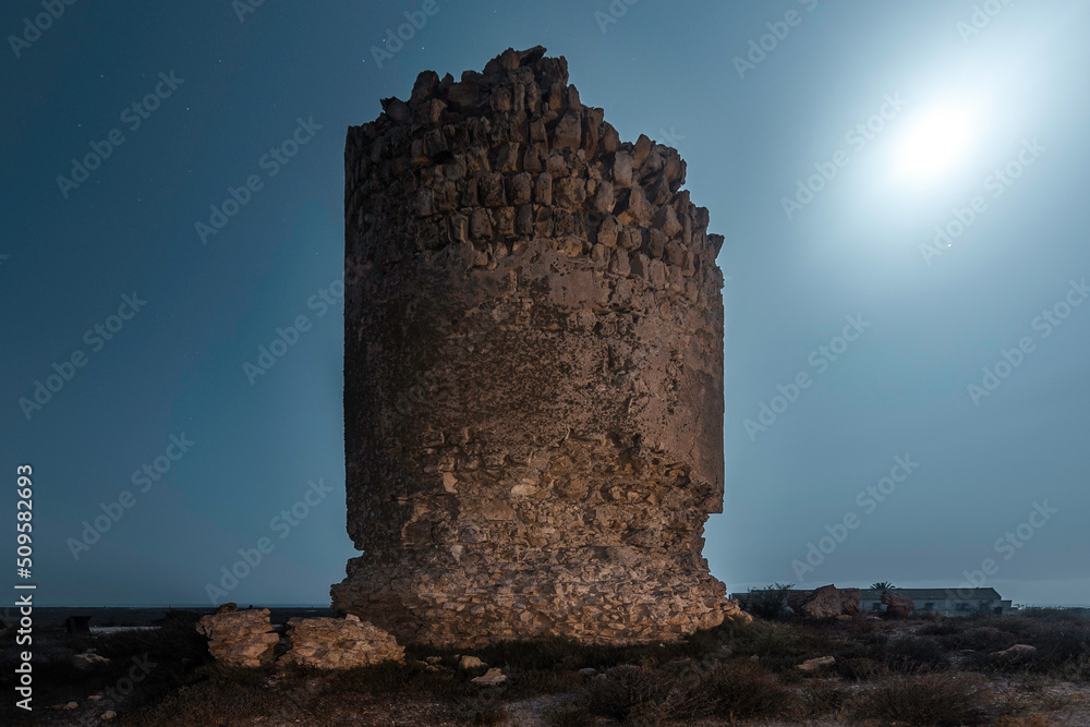 Night photography in an old watchtower on the beach of Roquetas del Mar, Almeria