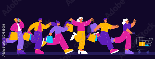 Happy people run and rush to buy on sale. Concept of discount in store, black friday sale. Vector flat illustration of group of excited men and women with shopping bags and cart hurry to purchase