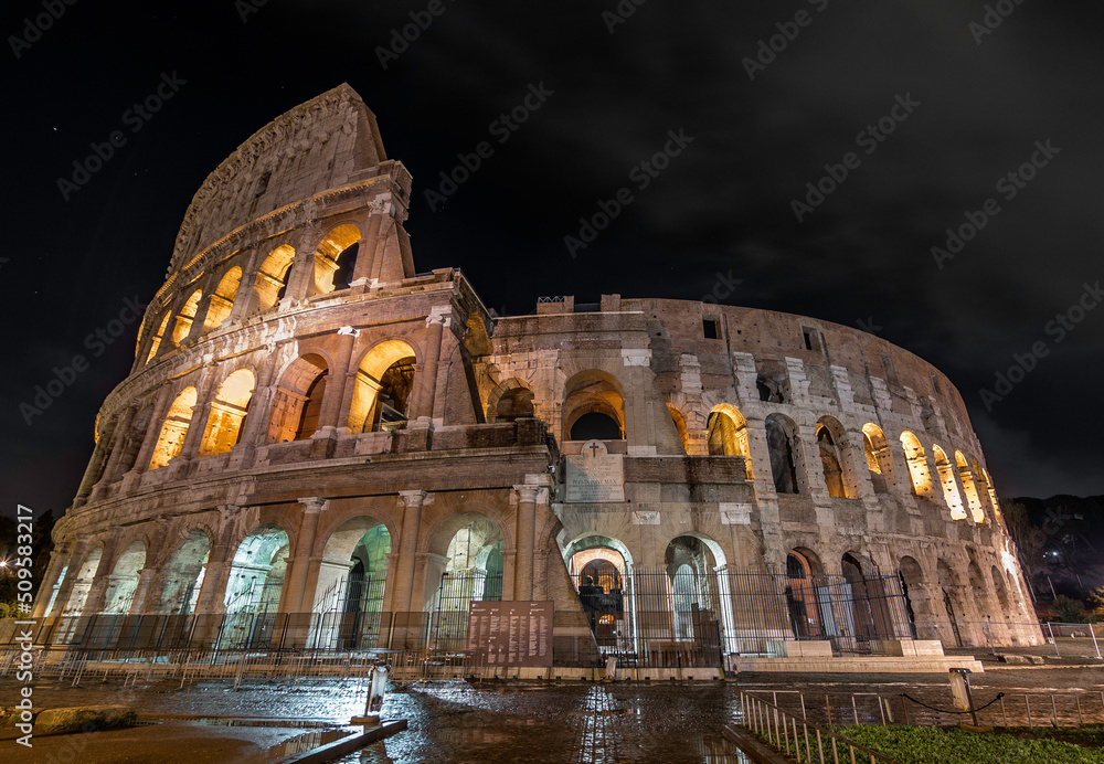 Night photography of the Roman Colosseum, Rome, Italy