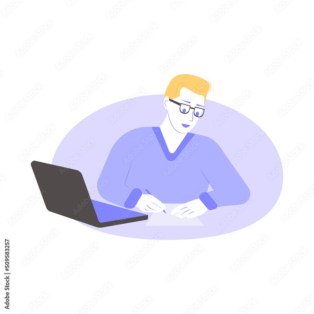a man writes on a piece of paper near a laptop a man writes on a piece of paper near a laptop