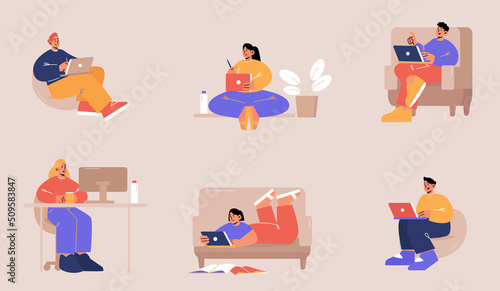 People work at home in different poses. Concept of freelance, remote job, online learning. Vector flat illustration with characters with laptop work or study sitting at desk, in chair, lying on couch