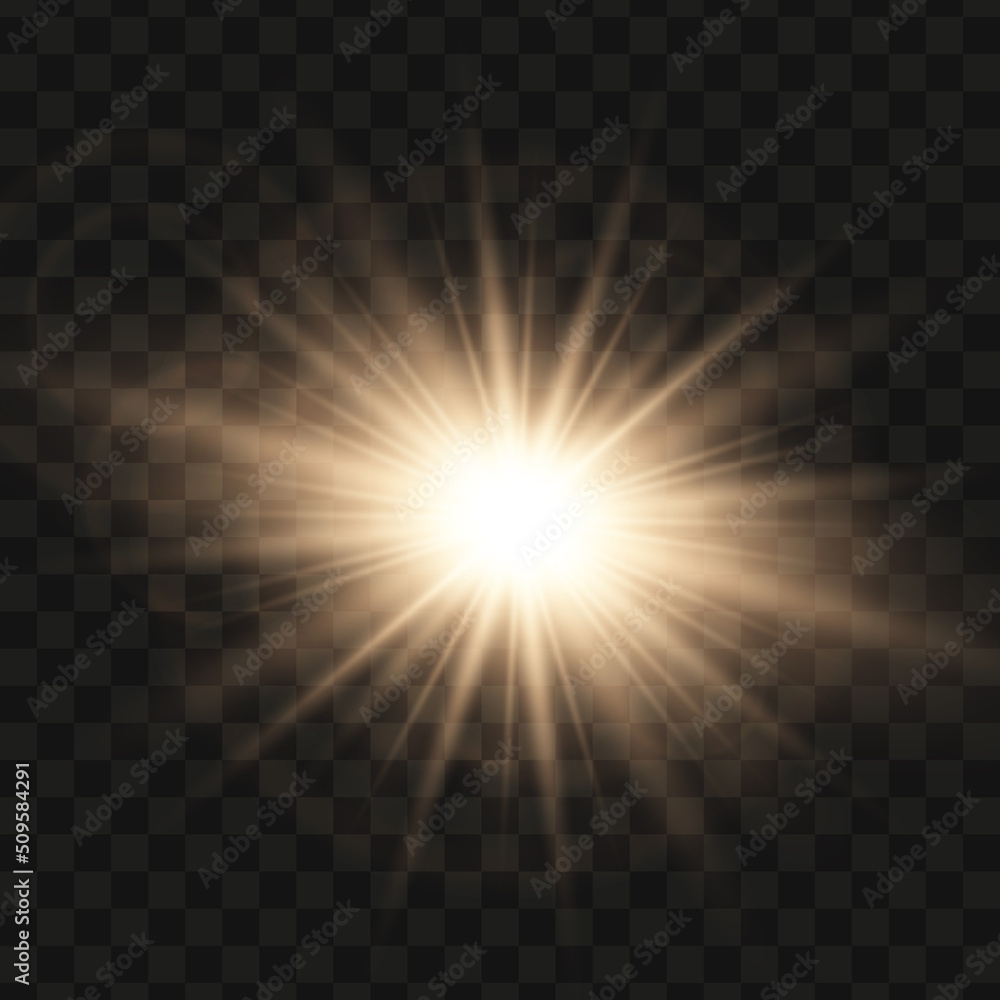 Gold glowing light star on a black background. Transparent shining sun, star explodes and bright flash. Gold bright illustration starburst. 