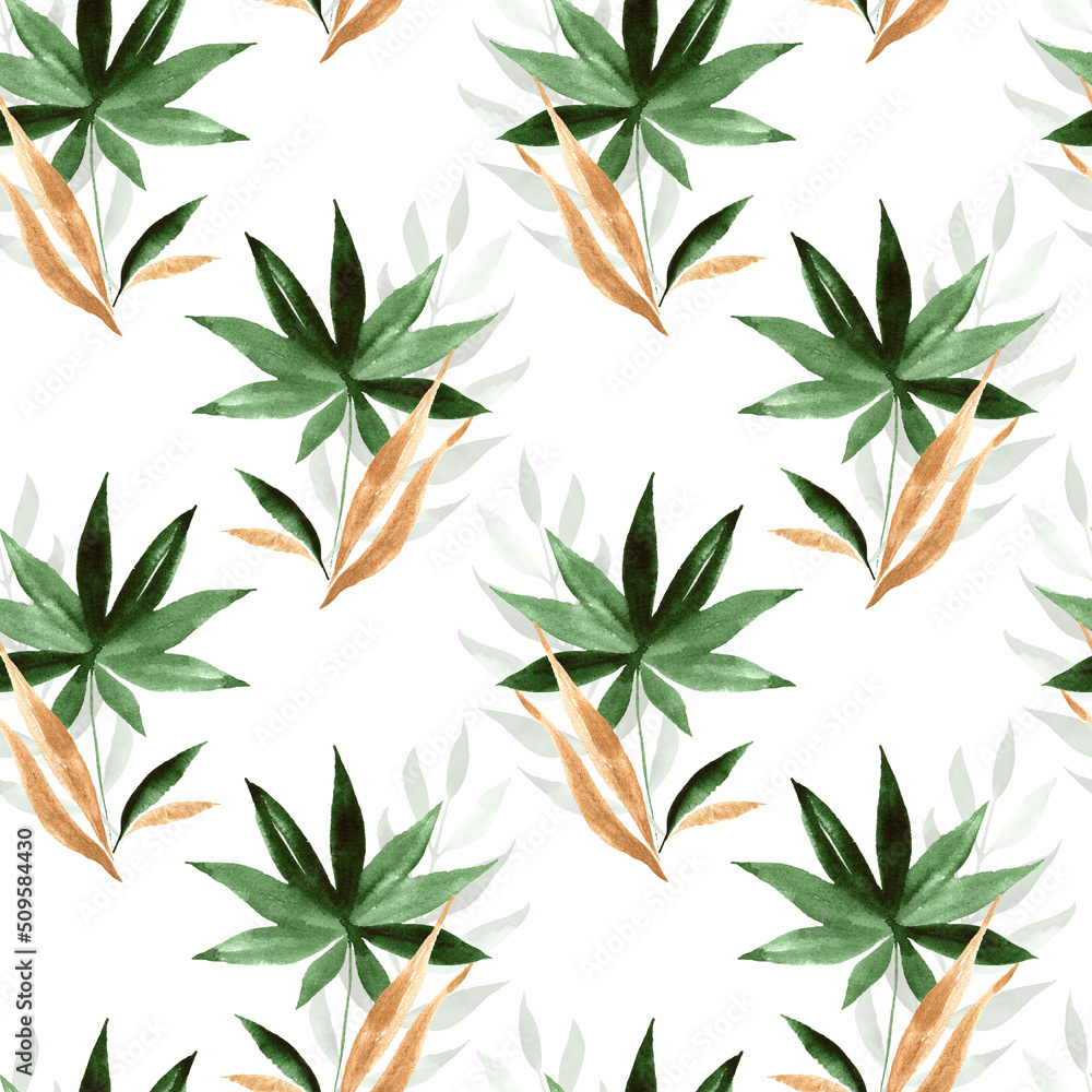 Seamless watercolor botanical pattern - green leaves and branches composition on white