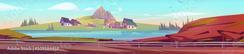 Village with houses, sleeping volcano, river and car road. Vector cartoon illustration of summer landscape with highway, lake and green valley with cottages and mountain