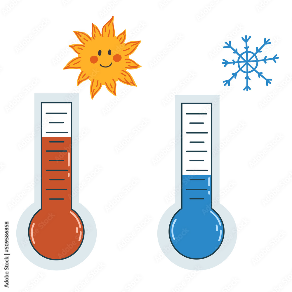 Vector illustration with thermometers in flat style isolated on white. Hot and cold weather icons, summer heat, global warming, heat wave, frosts, temperature drops Vector illustration with thermometers in flat style isolated on white. Hot and cold weather icons, summer heat, global warming, heat wave, frosts, temperature drops