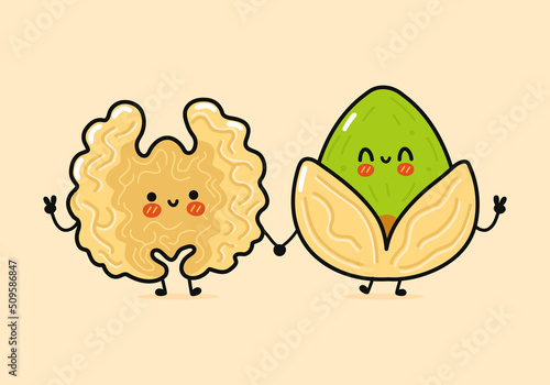 Cute, funny happy walnut and pistachios character. Vector hand drawn cartoon kawaii characters, illustration icon. Funny cartoon walnut and pistachios friends