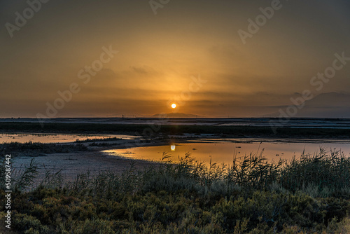 Sunset in the salt flats of Roquetas del Mar, Almeria, Spain.