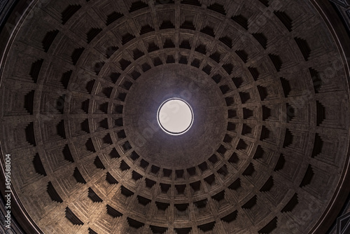 The dome of the Pantheon in Rome is the largest mass concrete dome in history. The oculus is the celestial door that connects this world with that of the gods. Its opening in the center to let in ligh
