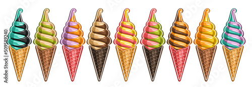 Vector Ice Cream Set, lot collection of 9 cut out different illustrations of realistic refreshing ice creams, horizontal banner with italian fruit icecreams in waffle cones in row on white background