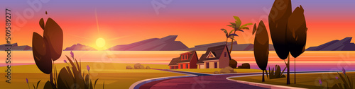Summer tropical landscape with village houses on sea harbor beach at sunset. Vector cartoon illustration of ocean bay, lake or river coast, cottages, green grass, trees, mountains and sun on horizon © klyaksun