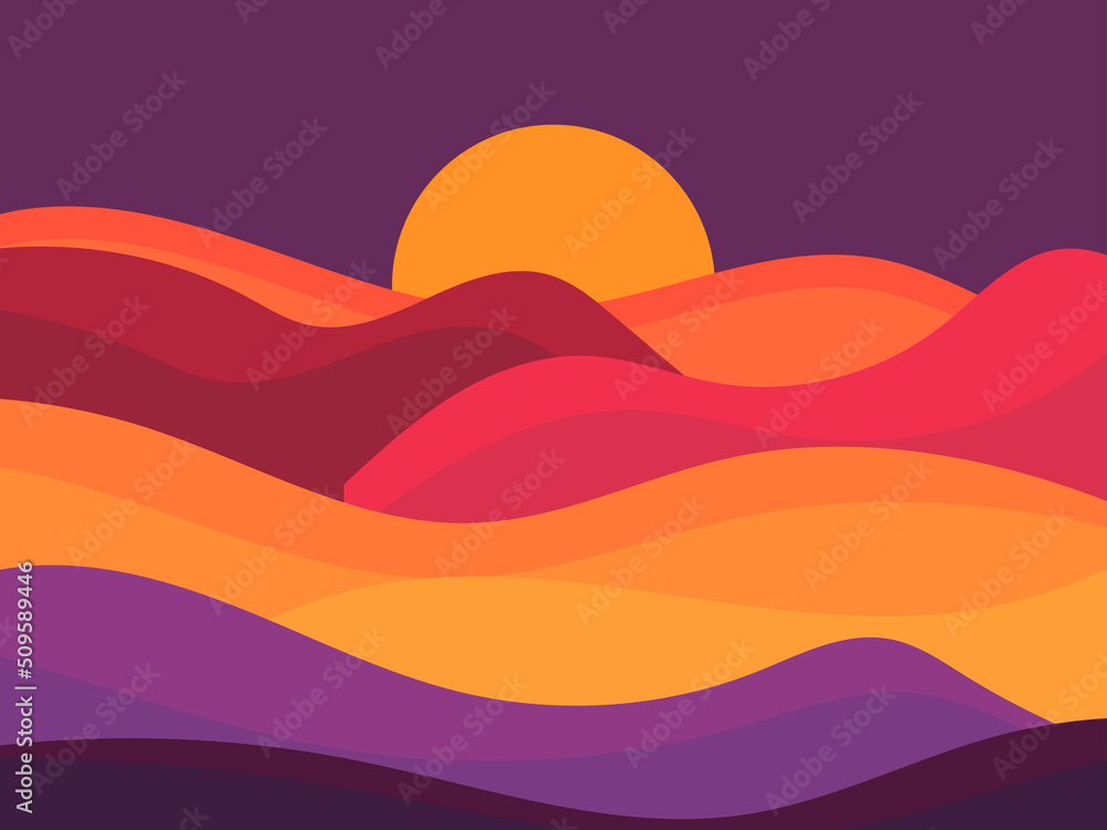 Sunset against the backdrop of a colorful desert landscape in a minimalist style. Sunset in the desert. Typographic boho decor for prints, posters and interior design. Vector illustration Sunset against the backdrop of a colorful desert landscape in a minimalist style. Sunset in the desert. Typographic boho decor for prints, posters and interior design. Vector illustration