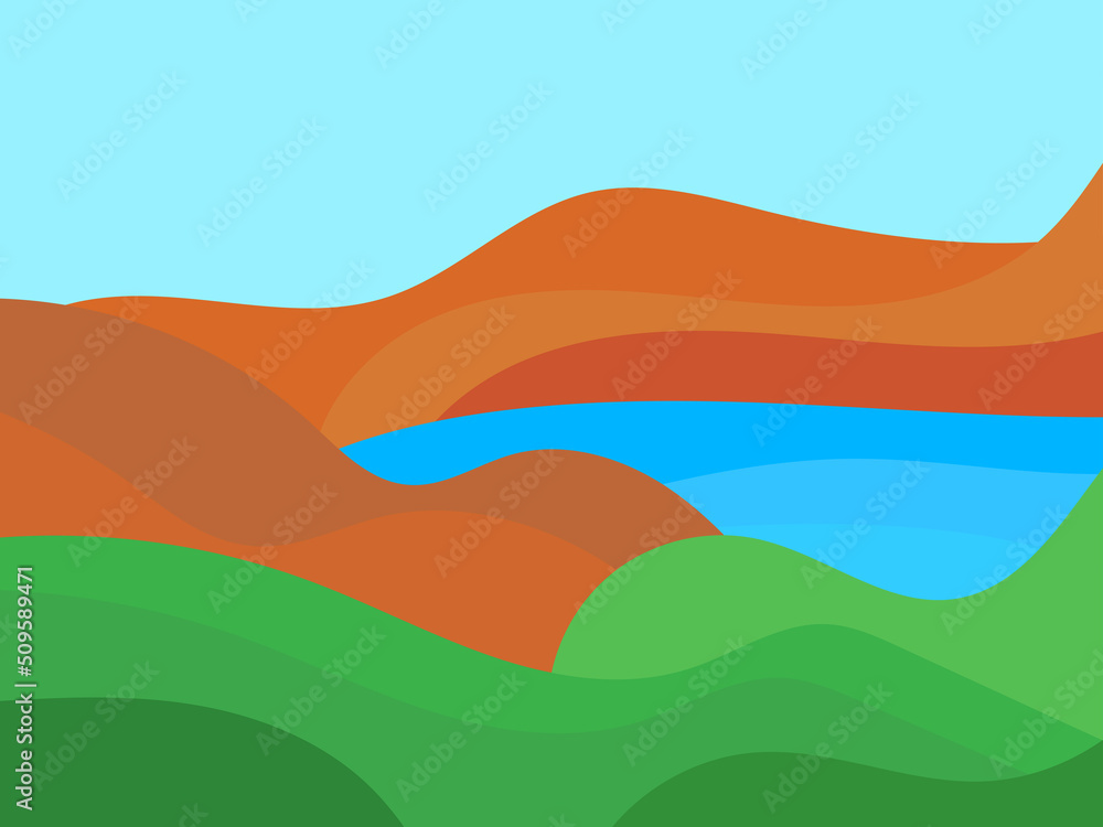 Lake among mountains and hills. Wavy landscape in a minimalist style. Design of posters and banners, booklets and promotional products. Vector illustration Lake among mountains and hills. Wavy landscape in a minimalist style. Design of posters and banners, booklets and promotional products. Vector illustration