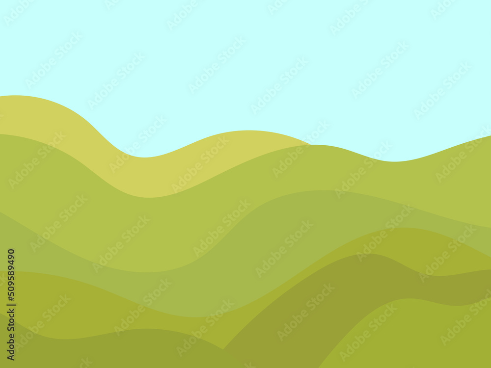 Landscape with green wavy hills in a minimalist style. Wavy meadows and hills. Design for posters and banners, booklets and promotional products. Vector illustration