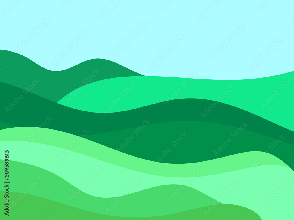Landscape with green wavy hills in a minimalist style. Wavy meadows and hills. Design for posters and banners, booklets and promotional products. Vector illustration Landscape with green wavy hills in a minimalist style. Wavy meadows and hills. Design for posters and banners, booklets and promotional products. Vector illustration
