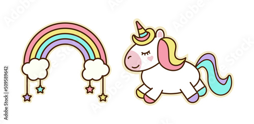 Cute unicorn, Doodle unicorn, cute rainbow isolated (vector illustration): children's greeting card, printed T-shirt, packaging. Fantasy, magical