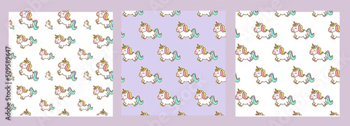 Seamless pattern set for the background. Unicorn pattern for girls. Cute unicorn (vector illustration): children, T-shirt, packaging texture. Doodle unicorn. Pattern set. Packaging pattern isolated