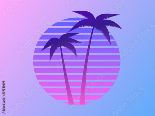 Two palm trees on a sunset 80s retro sci-fi style. Summer time. Futuristic sun retro wave. Design for advertising brochures, banners, posters, travel agencies. Vector illustration